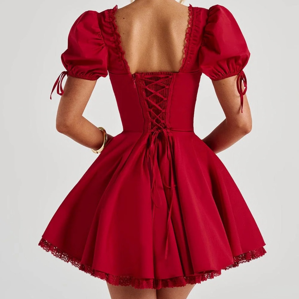 Elegant Red Puff Sleeve Dress - Picture 2 of 5